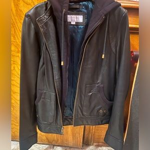 Marc New York black genuine leather jacket with removable hood green interior